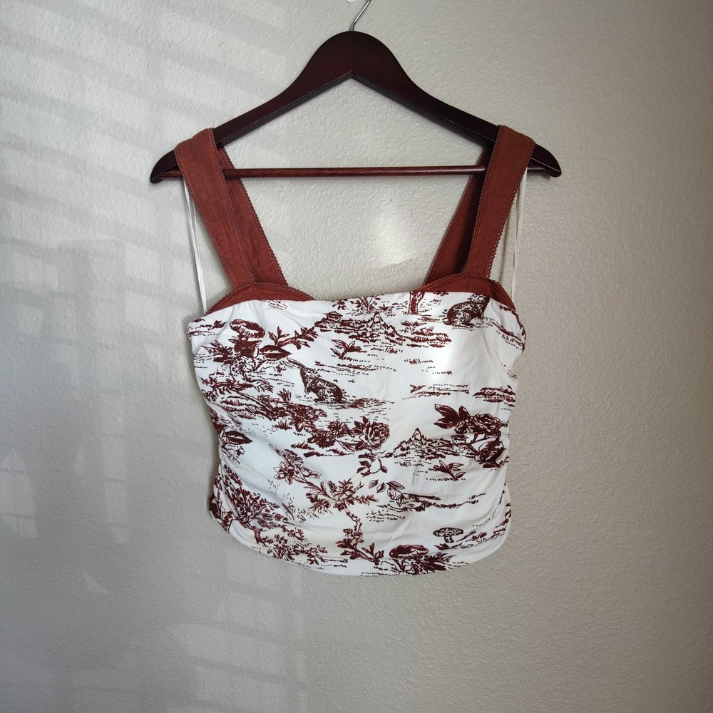 Free People Toile Print Sleeveless Tank Top Mushroom Nature Ruched Cropped‎ M